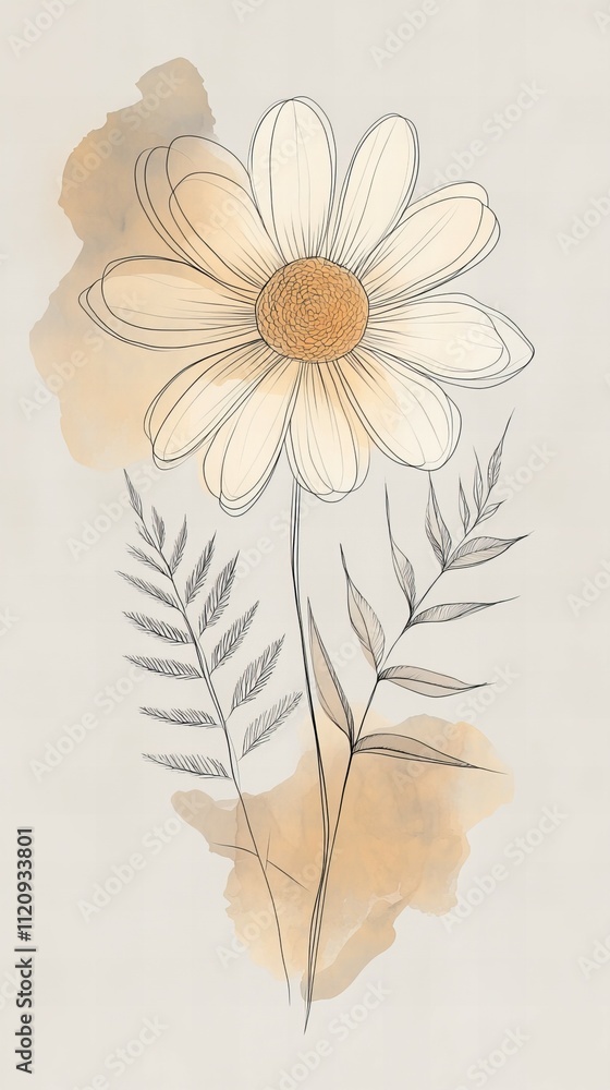 Obraz premium A delicate boho line drawing of a daisy and fern leaf, accented with soft watercolor-style beige and olive tones on a plain light gray background