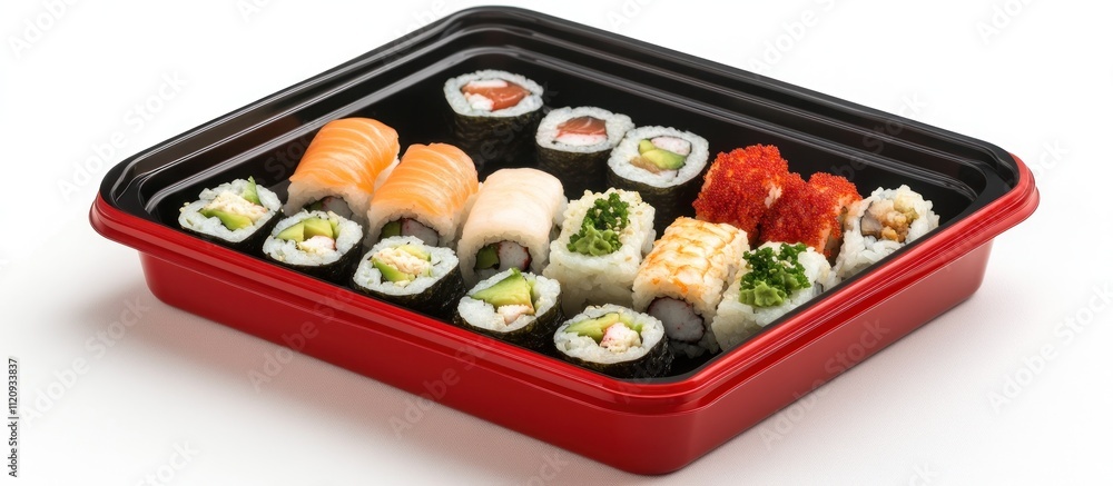 Assortment of sushi rolls in red black bento box japanese . Assortment of sushi rolls in red black bento box japanese .