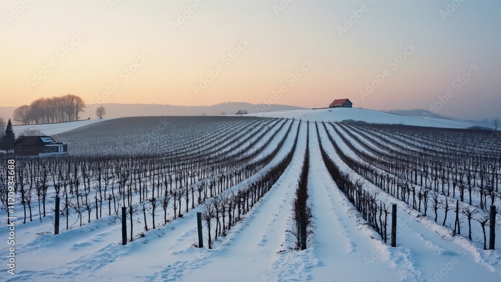Fototapeta premium Snowy Vineyard Rows at Sunset, Serene Winter Landscape