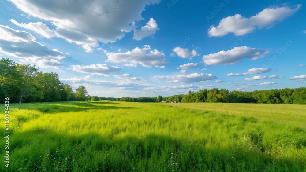 Obraz premium Stunning Swedish Summer Landscape, Wide-Angle View of Lush Green Field, Blue Sky, and Horizon Trees