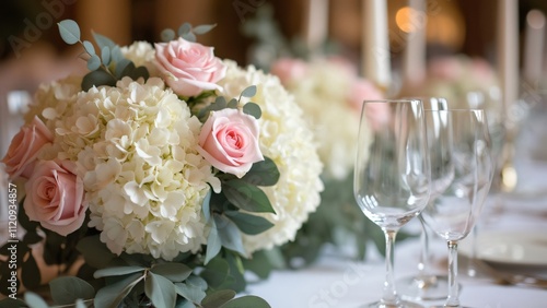 Elegant Wedding Centerpiece, White Hydrangeas, Pink Roses & Eucalyptus