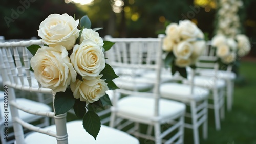 Elegant White Rose Wedding Ceremony Chair Decor, Stunning Floral Arrangements on White Chiavari Chairs on a Lush Green Lawn