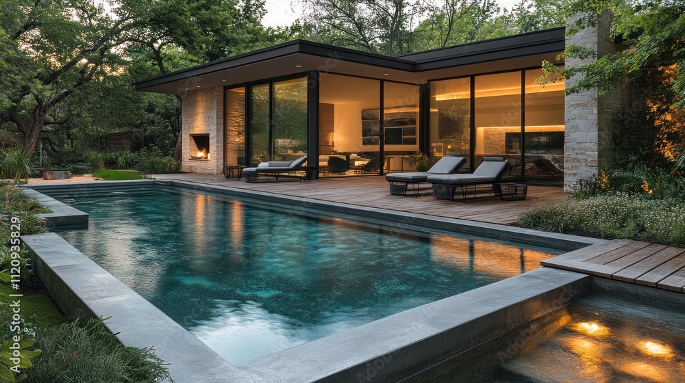 Modern home with a pool surrounded by greenery Modern home with a pool surrounded by greenery