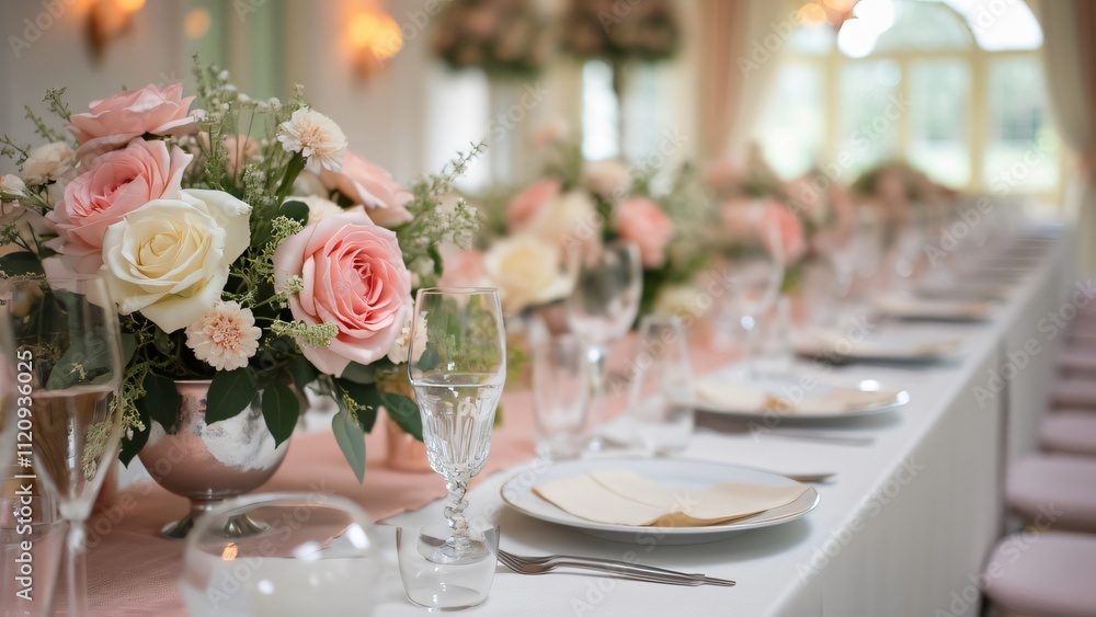 Fototapeta premium Elegant Wedding Reception Table Setting, Pastel Pink & White Flowers, Silver Vase, Delicate Plates & Glasses