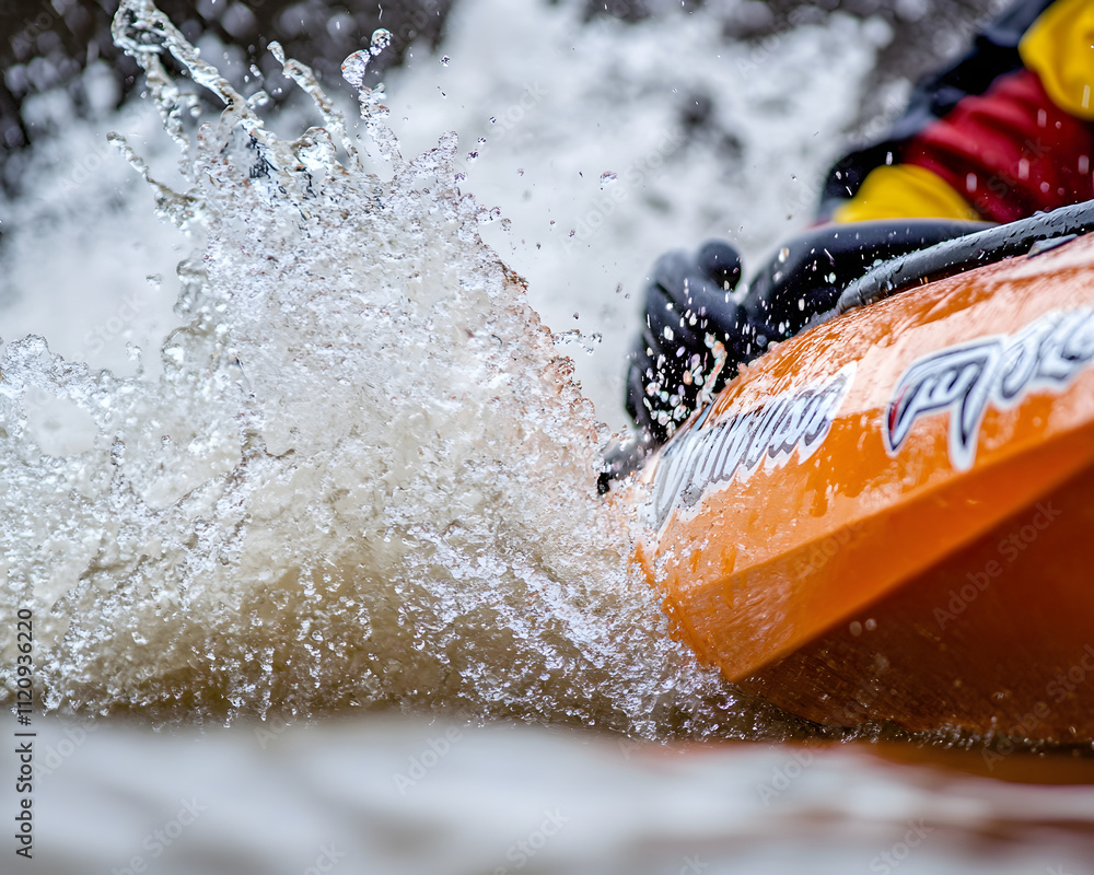 Naklejka premium A close-up of a kayak splashing through water, showcasing action and adventure in water sports.
