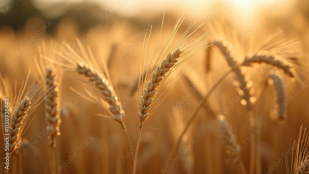 Golden Wheat Field, Close-Up of Ripe Wheat Stalks Swaying Gently in the Warm Sunlight, Detailed Texture and Natural Colors Golden Wheat Field, Close-Up of Ripe Wheat Stalks Swaying Gently in the Warm Sunlight, Detailed Texture and Natural Colors