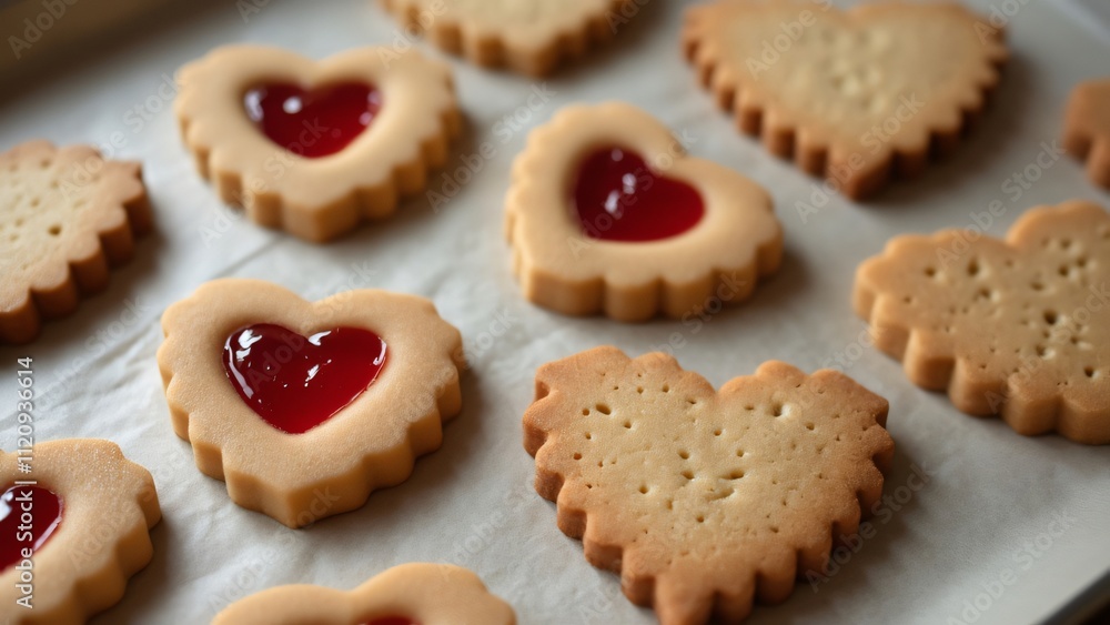 Delicious Heart-Shaped Cookies with Red Jam Filling, Close-up Flat Lay Food Photography Delicious Heart-Shaped Cookies with Red Jam Filling, Close-up Flat Lay Food Photography