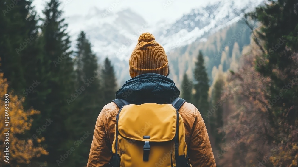 Adventurer in a Yellow Backpack Gazing at Snow-Capped Mountains Surrounded by Tall Pine Trees in a Stunning Autumn Landscape Adventurer in a Yellow Backpack Gazing at Snow-Capped Mountains Surrounded by Tall Pine Trees in a Stunning Autumn Landscape