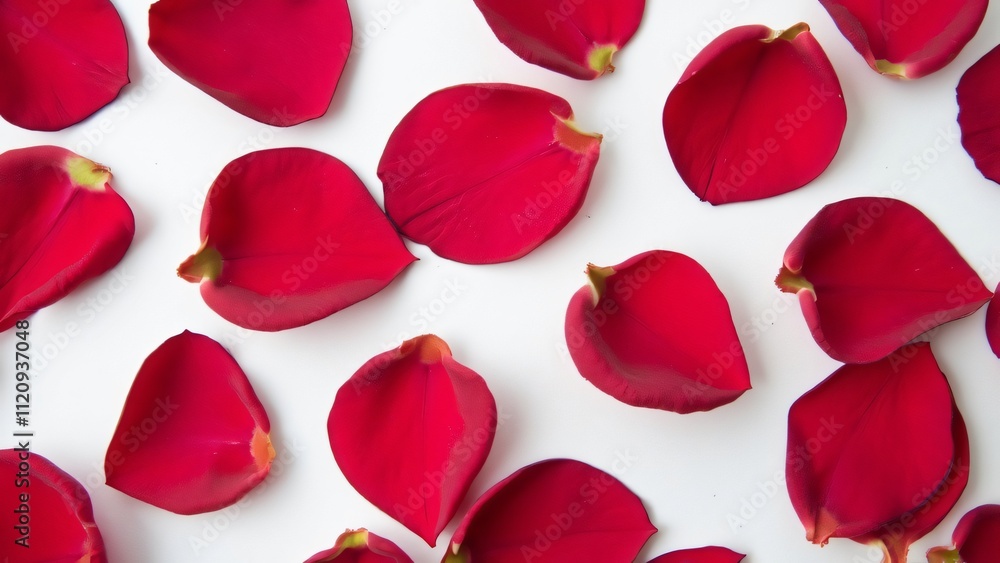 Close-up of Scattered Red Rose Petals on White Background, Romantic Flat Lay Photography Close-up of Scattered Red Rose Petals on White Background, Romantic Flat Lay Photography