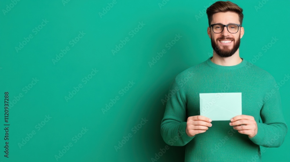 Smiling man holding a light blue envelope against a green backdrop. Smiling man holding a light blue envelope against a green backdrop.
