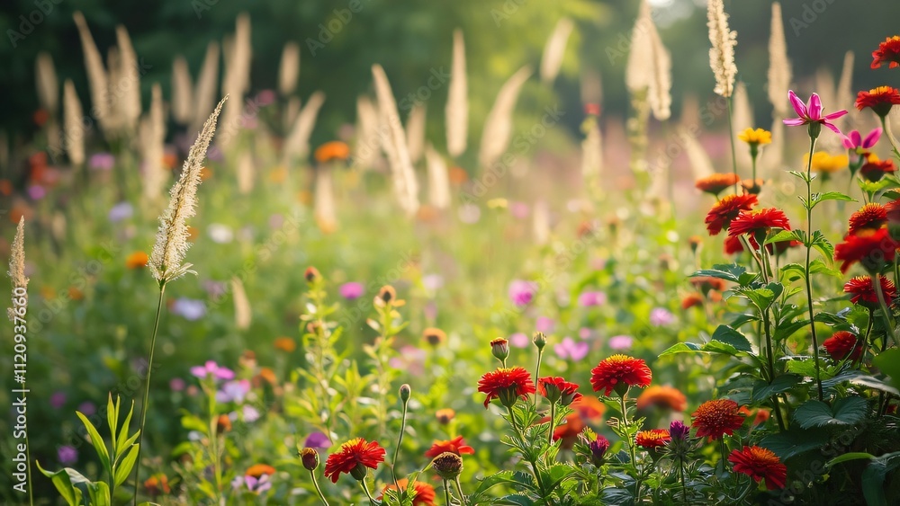 Vibrant Wildflower Meadow, Sunlit Garden with Tall Grasses and Red Flowers Vibrant Wildflower Meadow, Sunlit Garden with Tall Grasses and Red Flowers