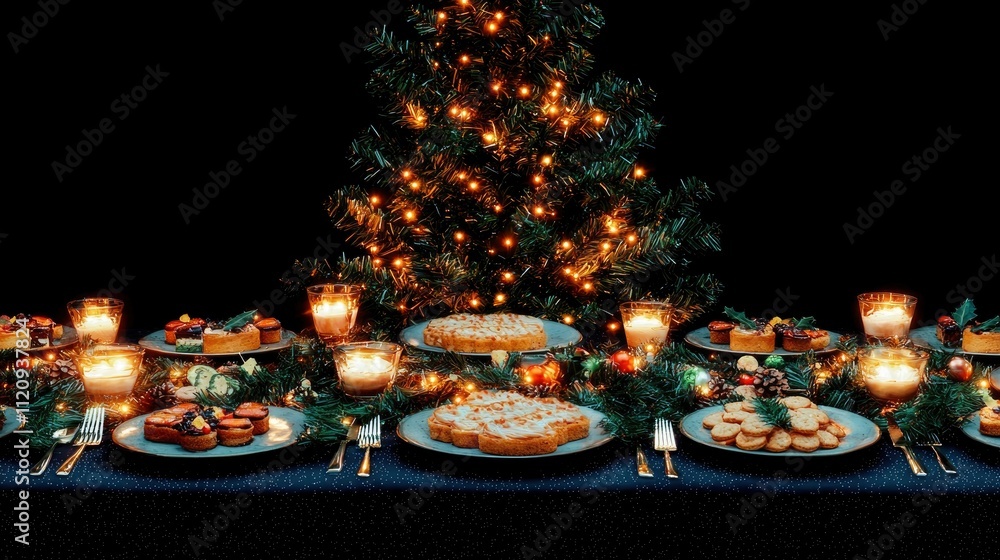 Fototapeta premium Festive Christmas Table Setting with Delicious Treats and Sparkling Lights