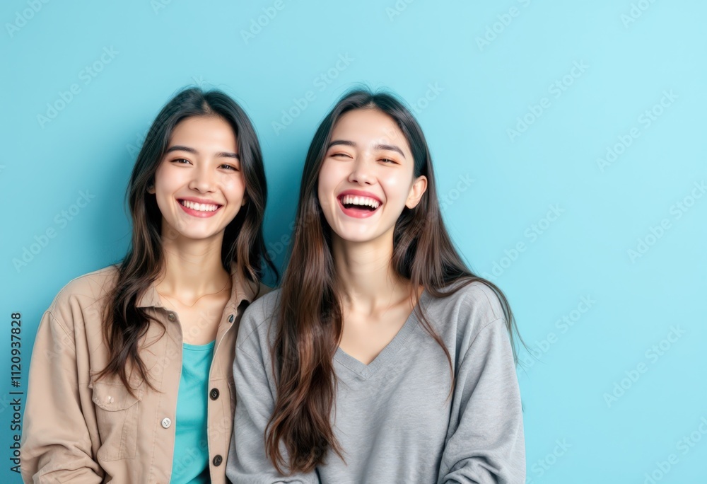Two Vibrant Young Women Laughing Joyfully on Light Blue Backdrop Two Vibrant Young Women Laughing Joyfully on Light Blue Backdrop