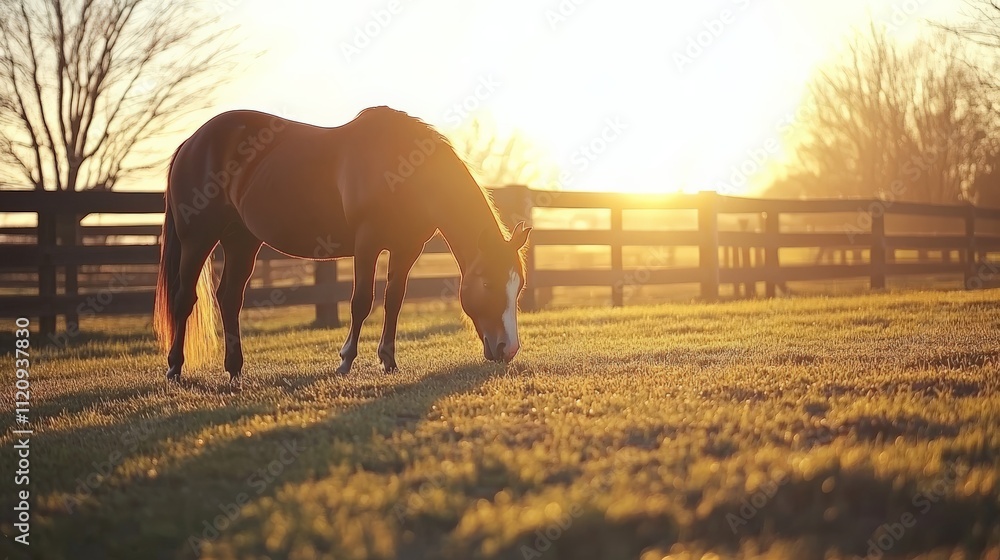 Obraz premium Serene Horse Grazing in Sunrise Light