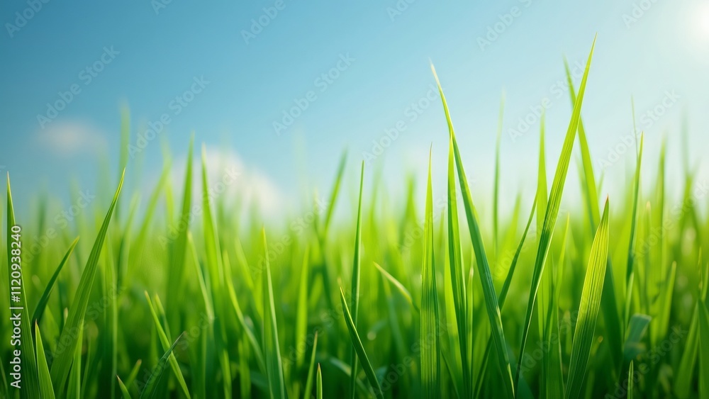 Vibrant Green Grass Meadow Under a Clear Blue Sky, Close-Up Spring/Summer Nature Landscape with Copy Space for Text and Web Design Vibrant Green Grass Meadow Under a Clear Blue Sky, Close-Up Spring/Summer Nature Landscape with Copy Space for Text and Web Design
