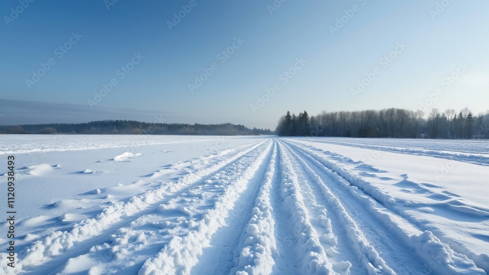 Serene Winter Landscape, Snow Covered Field with Tire Tracks, Distant Trees under a Blue Sky Serene Winter Landscape, Snow Covered Field with Tire Tracks, Distant Trees under a Blue Sky