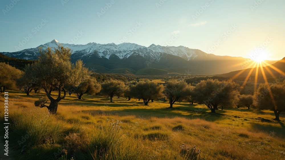 Obraz premium Golden Hour in Spanish Countryside, Olive Groves, Snow-Capped Mountains,
