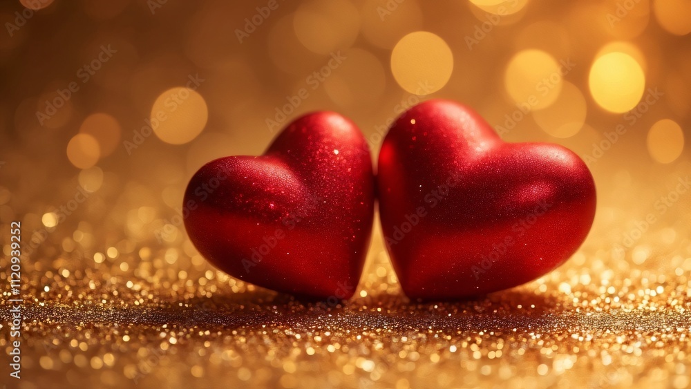 Fototapeta premium Romantic Valentine's Day, Two Glittering Red Hearts on Golden Background with Bokeh