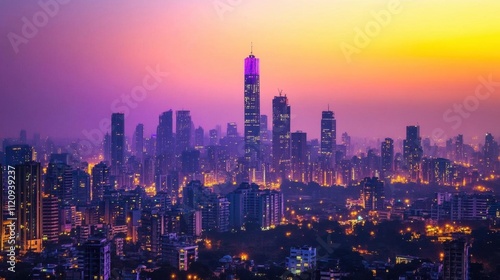 A vibrant city skyline at dusk, showcasing modern architecture and lights.