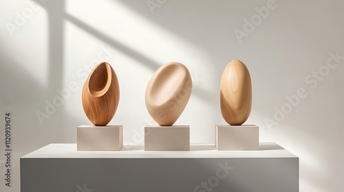 An artistic display of handcrafted wooden sculptures abstract shapes in natural wood tones like teak photo