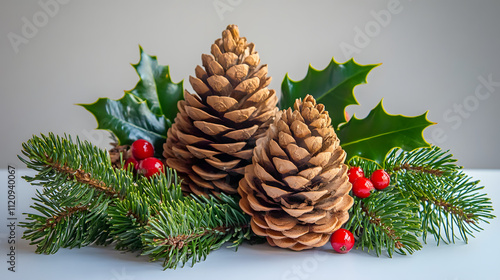 Two large pine cones nestled amongst lush green holly and fir branches, accented with vibrant red berries. A classic Christmas arrangement. photo