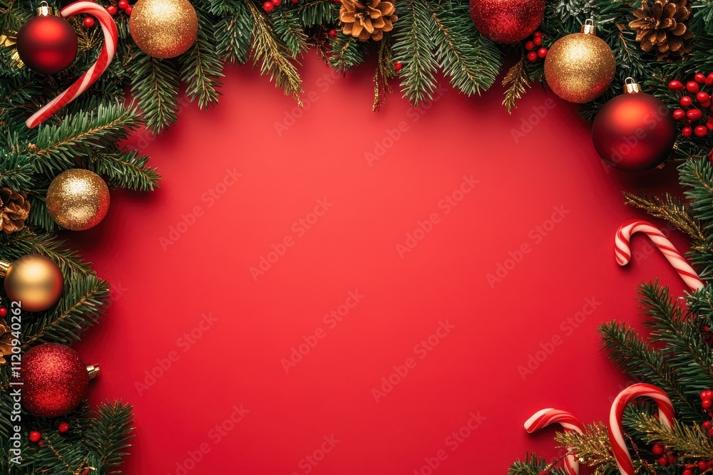 A festive holiday border featuring green pine branches with ornaments isolated on a red background A festive holiday border featuring green pine branches with ornaments isolated on a red background