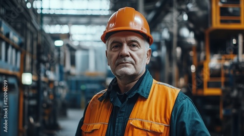 Mature factory worker in safety gear, serious expression. Ideal for depicting industry, manufacturing, or skilled labor.