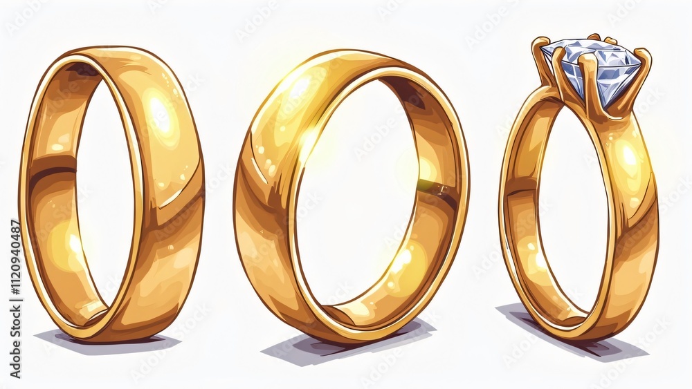 Three Vector Icons, Gold Wedding Rings, Traditional & Diamond Engagement Ring, High-Resolution Illustrations Three Vector Icons, Gold Wedding Rings, Traditional & Diamond Engagement Ring, High-Resolution Illustrations