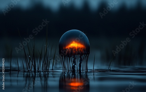 Sunset reflected in a glass sphere resembling a jellyfish in calm water. photo