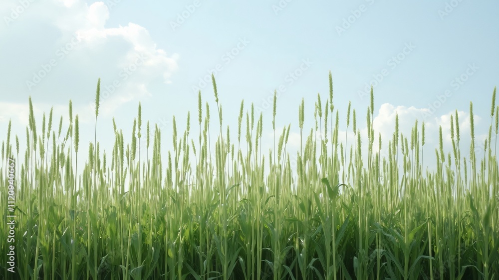 Fototapeta premium Serene Tall Grass Field Under a Light Blue Sky, Tranquil Nature Photography