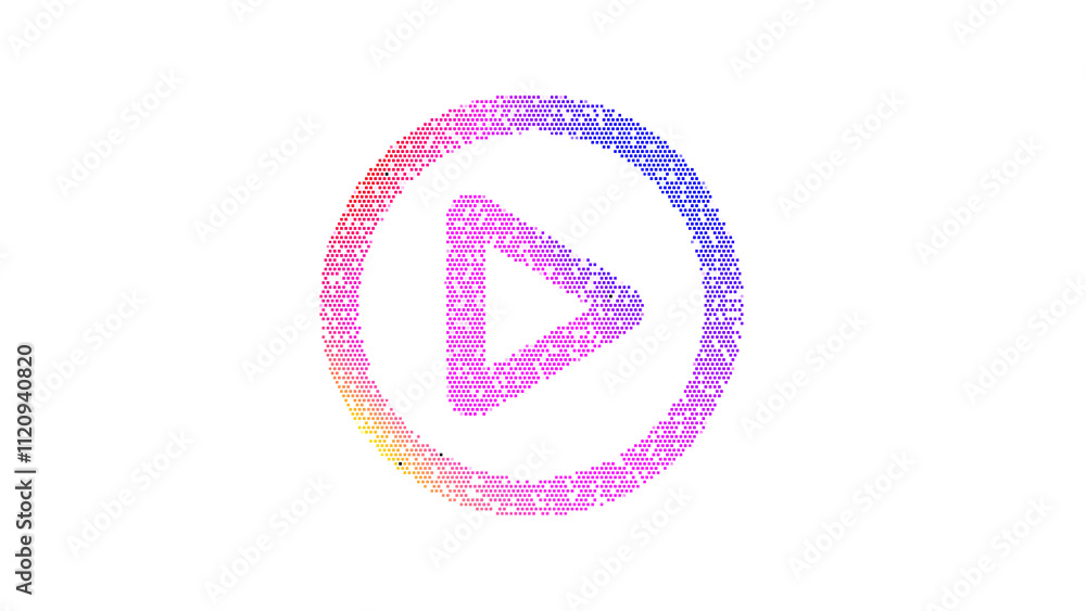 Icon play circle is made up of LED square shapes. There are bright diodes and there are black dead diodes Icon play circle is made up of LED square shapes. There are bright diodes and there are black dead diodes