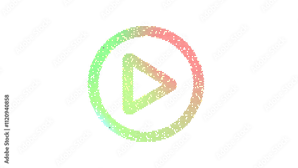 Icon play circle is made up of LED square shapes. There are bright diodes and there are black dead diodes Icon play circle is made up of LED square shapes. There are bright diodes and there are black dead diodes