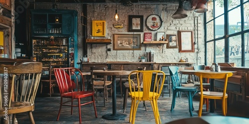 Vintage-inspired cafe interior with retro decor, colorful chairs, and nostalgic vibes photo