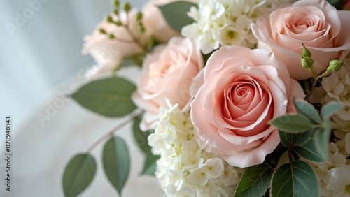 Elegant Pastel Pink Roses & White Hydrangeas Bouquet - Close-Up Floral Photography
