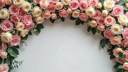 Romantic Wedding Floral Arrangement, Pink & Cream Roses with White Background