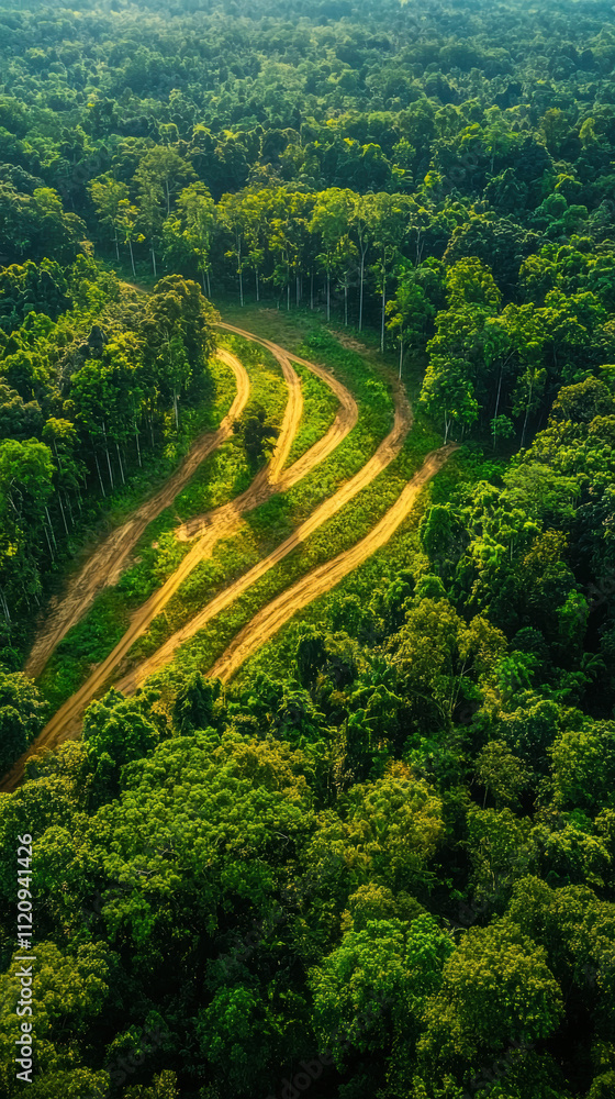 Climate change wildlife crisis concept. Aerial view of a winding path through lush green forest, showcasing vibrant trees and a serene natural landscape. Climate change wildlife crisis concept. Aerial view of a winding path through lush green forest, showcasing vibrant trees and a serene natural landscape.