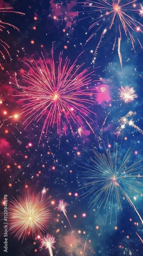 Naklejka premium Vibrant fireworks display lighting up a night sky in various colors.