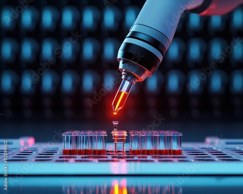 Macro shot of a robotic liquid handler processing samples for highthroughput drug discovery photo