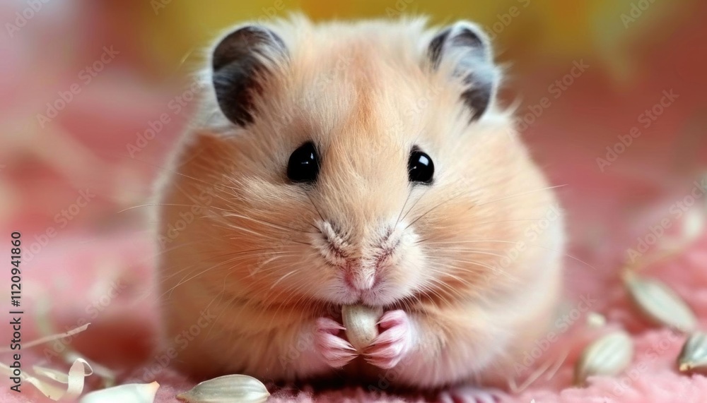 A cute hamster holding a seed, showcasing its adorable features. A cute hamster holding a seed, showcasing its adorable features.