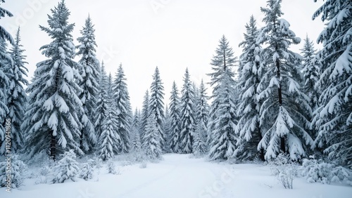 Panoramic Winter Wonderland, Snow-Covered Pine Trees in Lapland Forest