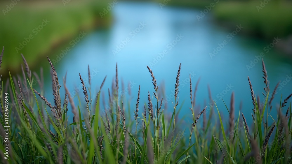 Serene Lakeside Scene, Emerald and Purple Grass by Calm Blue Water - High-Definition Nature Photography Serene Lakeside Scene, Emerald and Purple Grass by Calm Blue Water - High-Definition Nature Photography