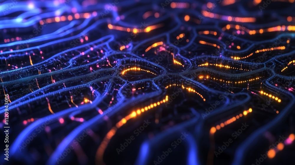 Abstract glowing lines and dots forming a complex network pattern.