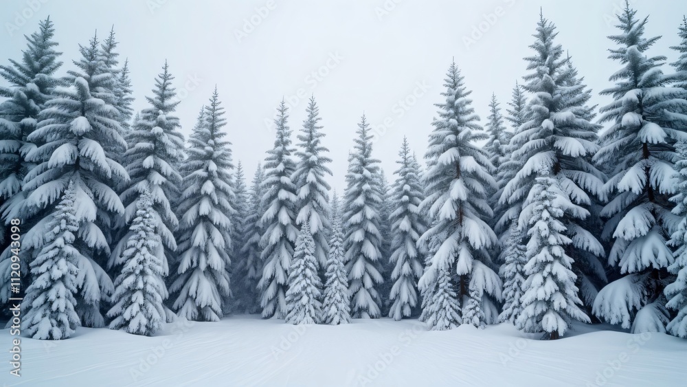 Naklejka premium Stunning Panoramic View of Snow-Covered Pine Forest in Winter Wonderland, National Geographic Style Photography