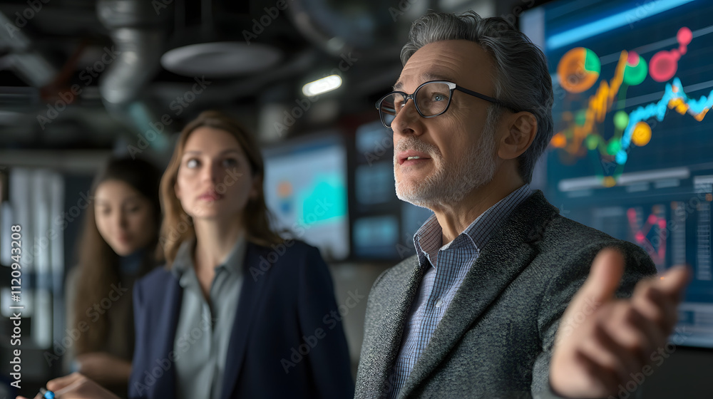A mature businessman in glasses gestures while presenting data on large screens to two attentive colleagues in a modern office. The scene shows a collaborative work environment focused on analysis. A mature businessman in glasses gestures while presenting data on large screens to two attentive colleagues in a modern office. The scene shows a collaborative work environment focused on analysis.