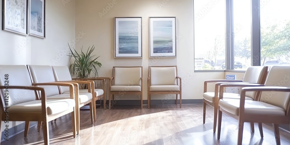 Fototapeta premium A serene waiting room in a doctor's office, featuring calming artwork, natural light, and comfortable seating arrangements