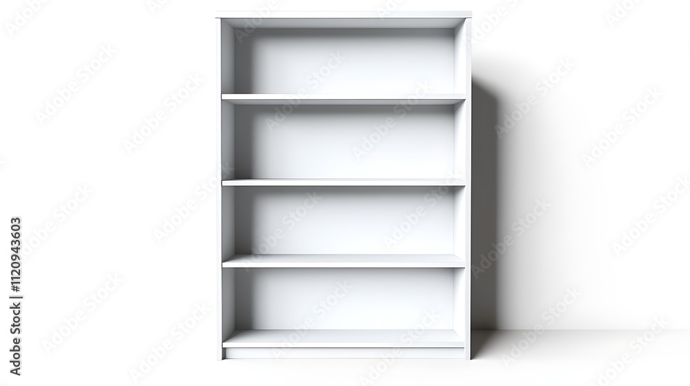 A tall white bookcase with four shelves A tall white bookcase with four shelves