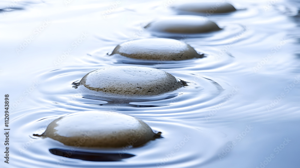 Smooth, gray stones float serenely on calm, blue water, creating concentric ripples. A peaceful and tranquil scene, perfect for meditation or spa themes. Smooth, gray stones float serenely on calm, blue water, creating concentric ripples. A peaceful and tranquil scene, perfect for meditation or spa themes.