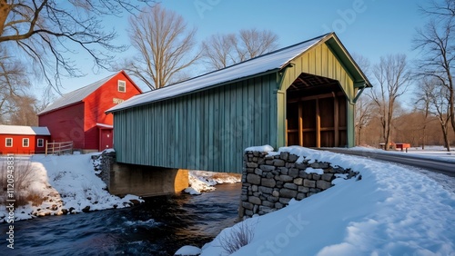 Scenic Winter Wonderland, Greenbush Covered Bridge, Red Barn, Snow, Stream photo