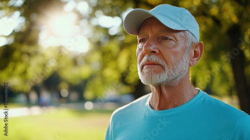 Senior man in park, thoughtful expression.