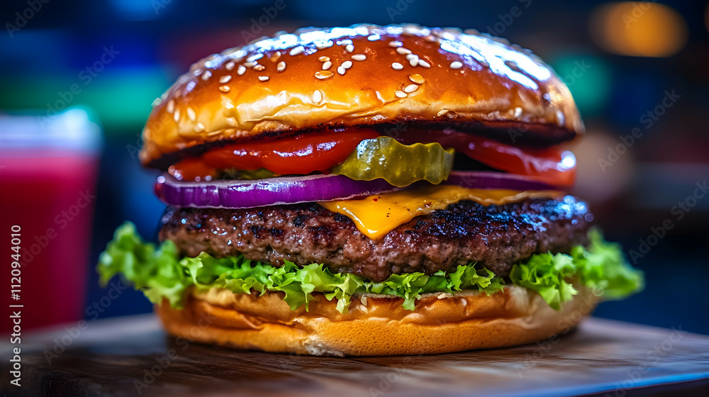 Juicy cheeseburger with lettuce, tomato, onion, and pickles on a sesame seed bun. Juicy cheeseburger with lettuce, tomato, onion, and pickles on a sesame seed bun.